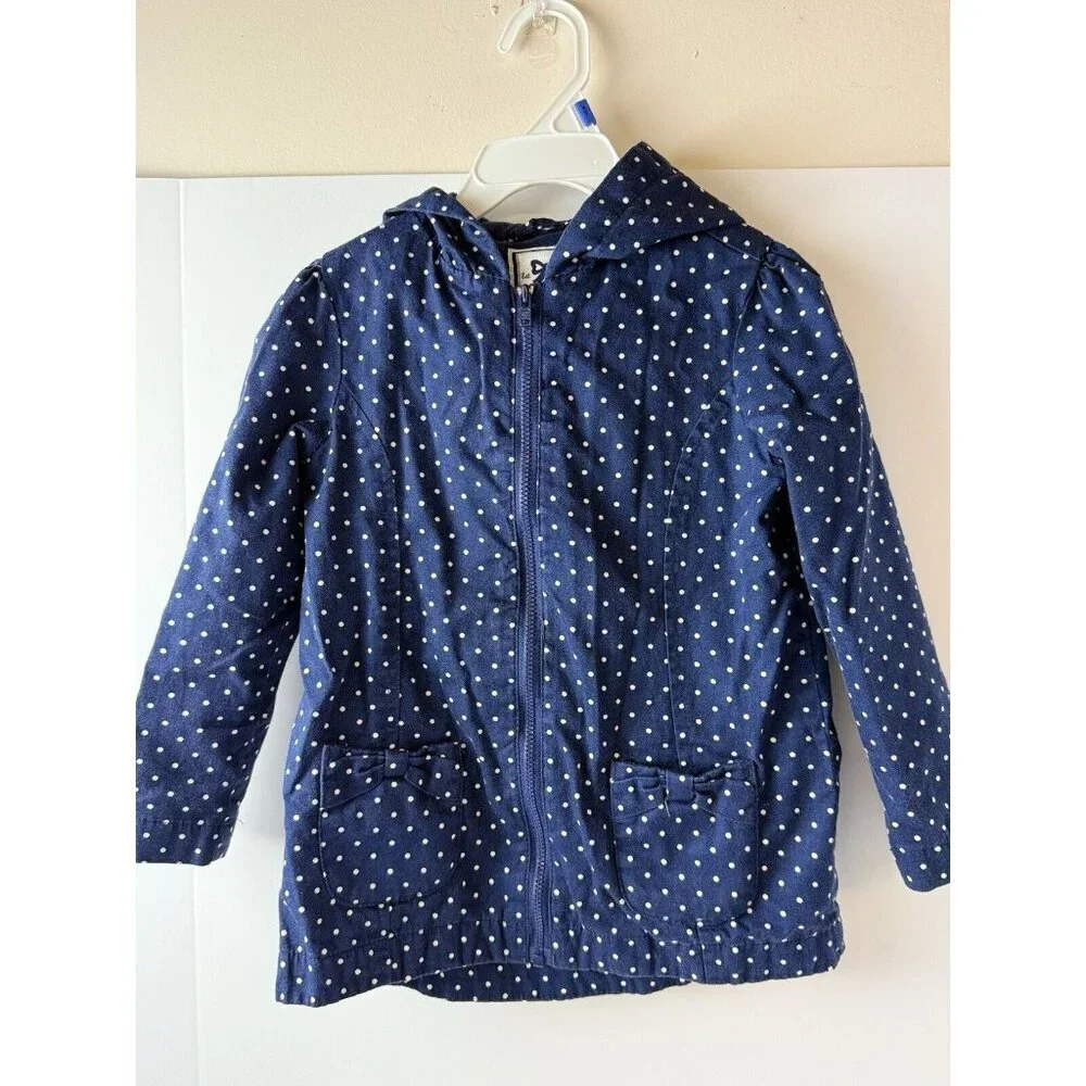 Gymboree Toddler Girls 4T Navy Blue White Polka Dot Coat Jacket Zip Pockets Bows